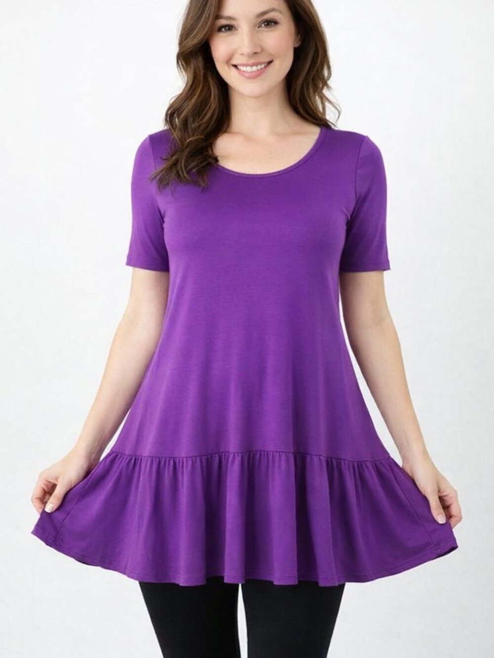 FLAWLESS Minimalist Purple Crew Neck Short Sleeve Pleated T-Shirt Tunic M,XL